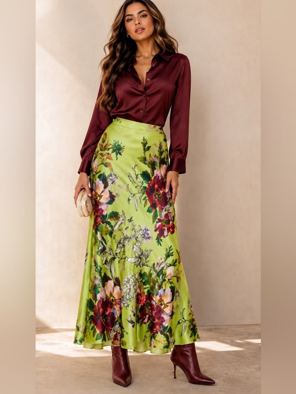 Anthropologie, Maeve, Lime Green Floral Satin Maxi Skirt